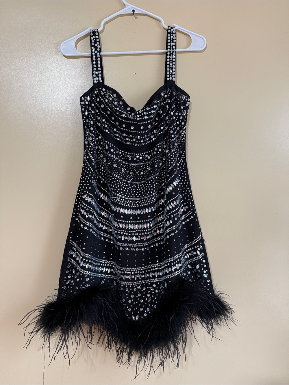 Black Embellished Cocktail Dress with Feather Hem